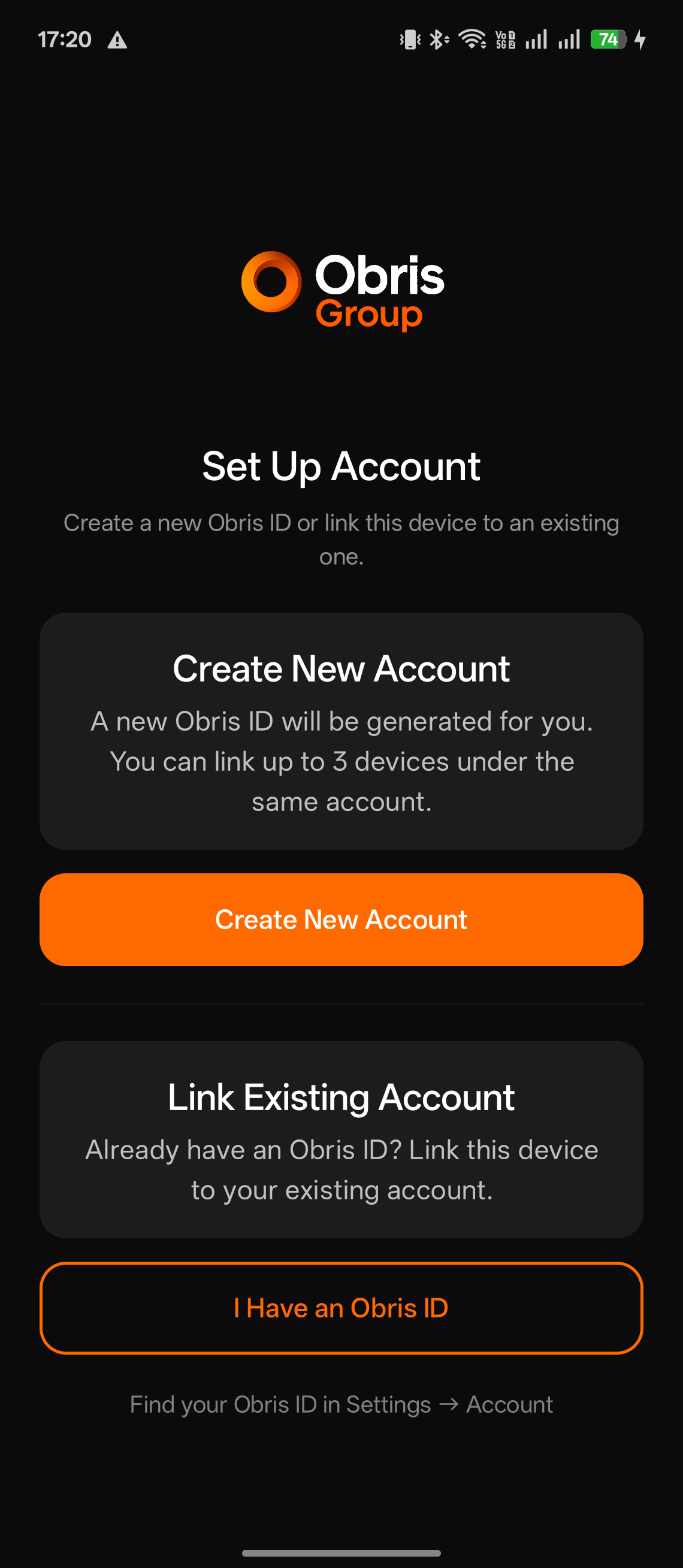 Obris VPN account setup screen