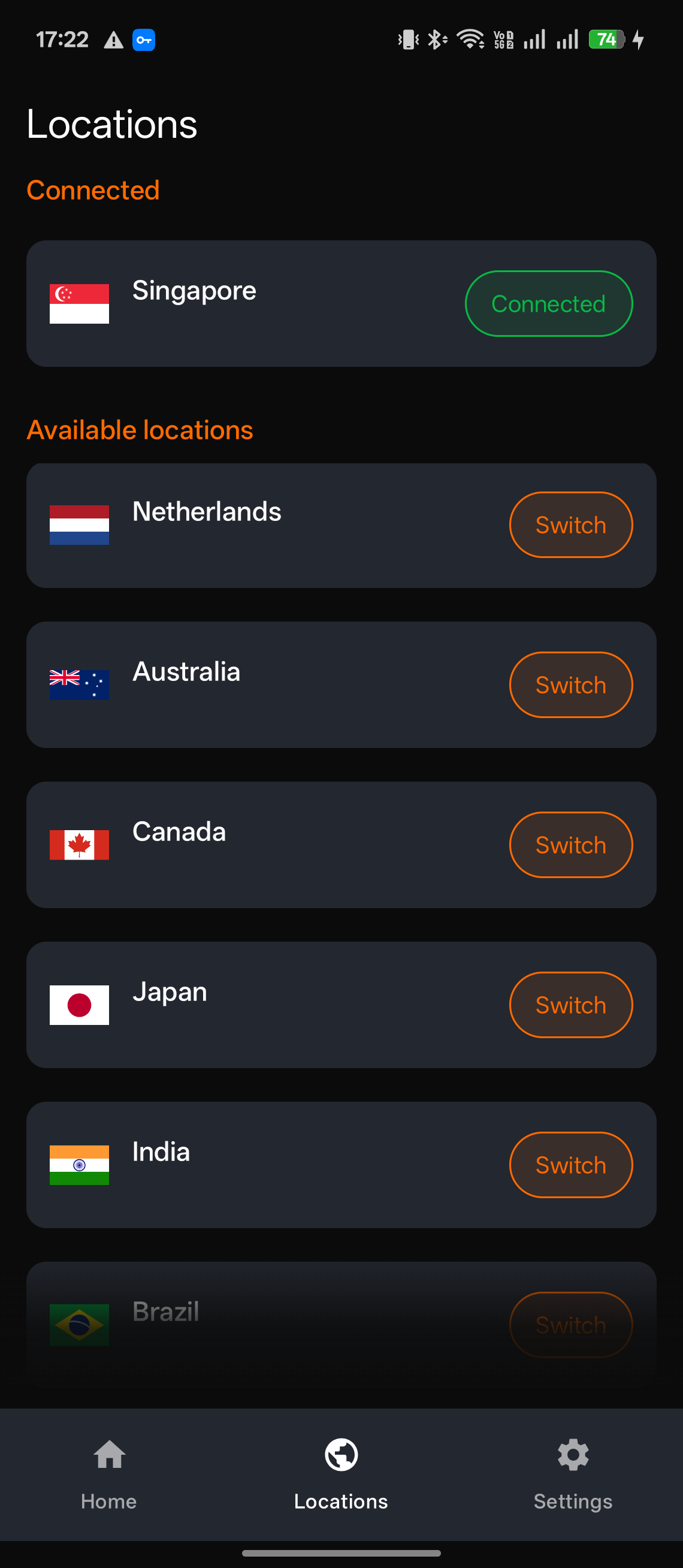 Obris VPN locations screen